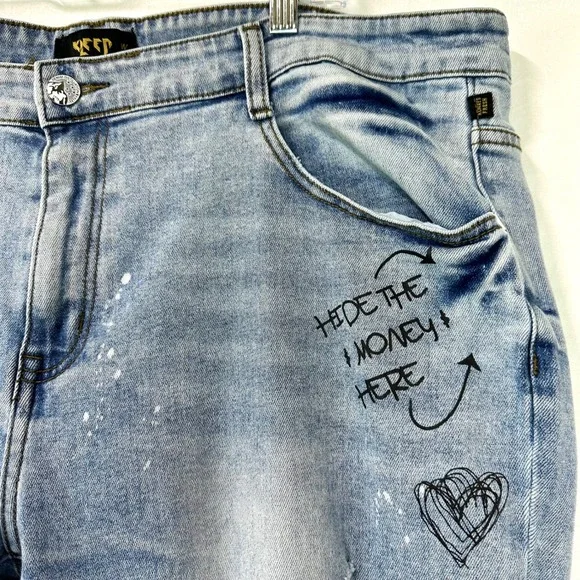 KLEEP Light Wash Denim Streetwear Stacked Skinny Jeans Distressed Patched Men 42 - Picture 3 of 11